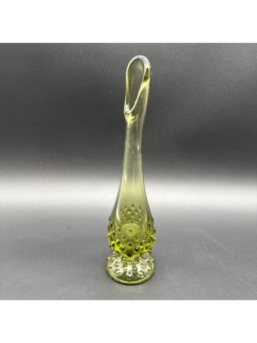 VTG Fenton Hobnail Art Glass Footed Swung Bud Vase Avocado Green 9.5” 1960s MCM